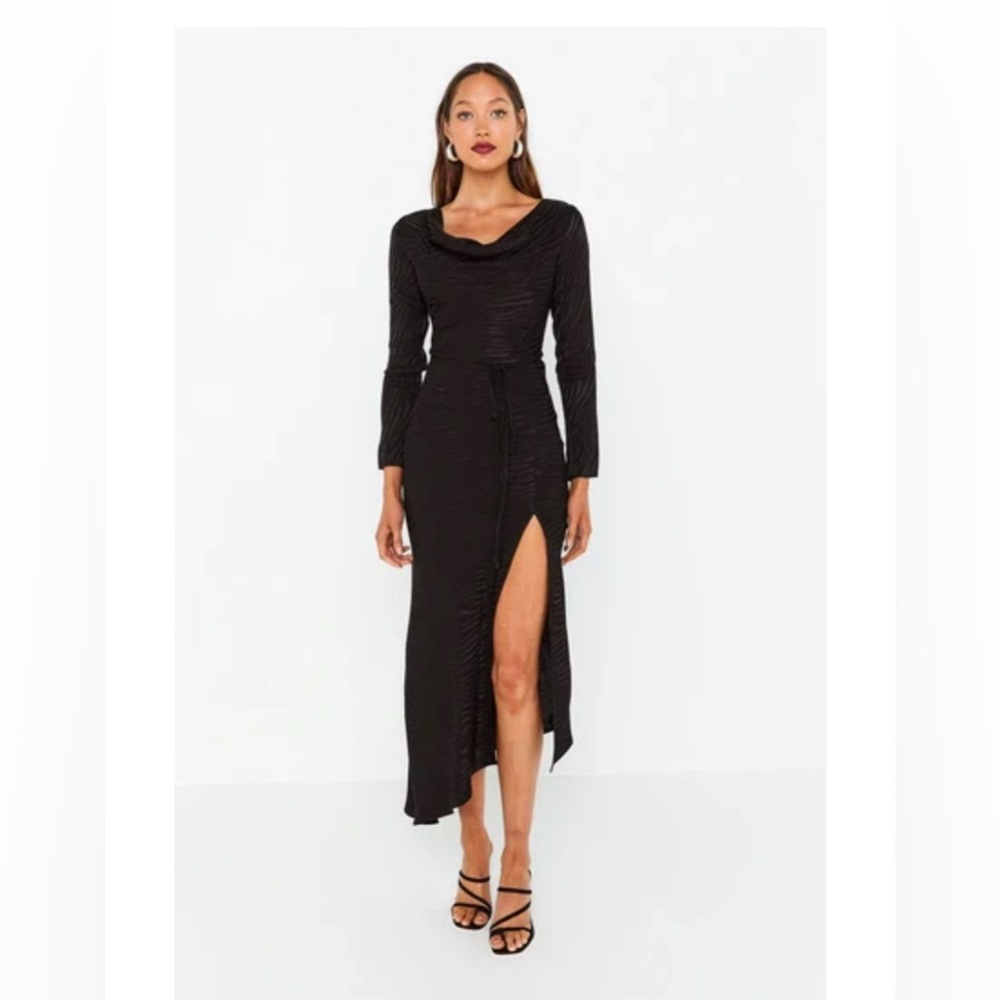 MOSSMAN TAKE BACK THE NIGHT BLACK DRESS long Elegant slit  Long Sleeve 4 - Picture 2 of 12
